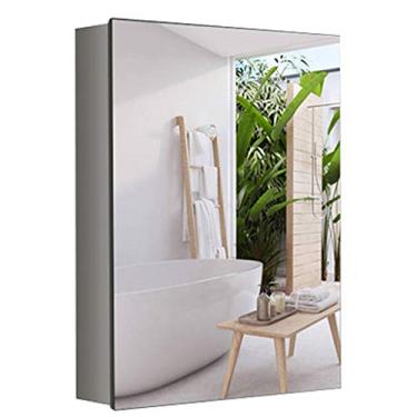 Imagem de Armário de espelho de banheiro de aço inoxidável com porta móvel, armário de remédios montado na parede, armário de armazenamento, prata, para cozinha, banheiro, quarto. (porta de ângulo direito