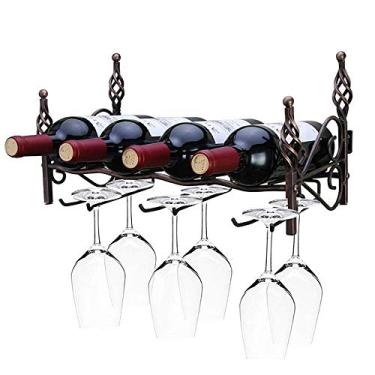 Imagem de Suporte para copos de vinho Suporte de parede para armazenamento de cálice de metal sob o armário rack de vinho 4 garrafas e 6 xícaras design retrô barroco cobre para bar cozinha