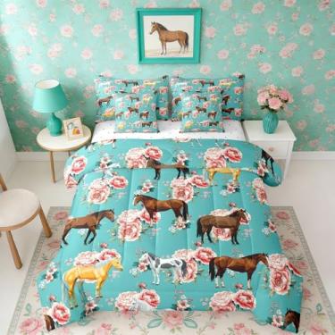Imagem de Erosebridal Conjunto de edredom infantil de 7 peças, cama floral retrô chique em uma bolsa, cavalo galopante, edredom com edredom, lençóis, fronhas, decoração de quarto de animais de fazenda