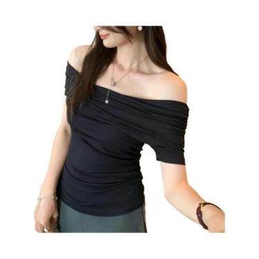 Imagem de Camiseta Feminina Branca De Tricô Com Ombros Descidos, Manga Curta, Go