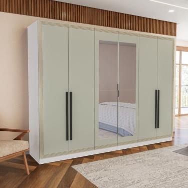 Imagem de Guarda Roupa Roupeiro 6 portas 4 gavetas com Espelho Valência Branco Verde Politorno Móveis