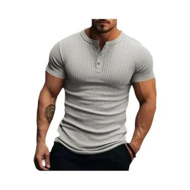 Imagem de Camiseta Masculina Estilosa De Malha Listrada Com Gola Henley, Macia, 
