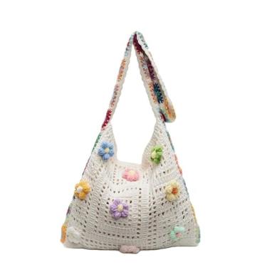 Imagem de Bolsa de ombro grande Boho - Bolsa feminina casual de malha aberta, Bege, Tendência