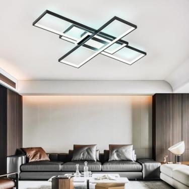 Imagem de Luminária de teto retangular com controle remoto e função de memória via aplicativo. Luminária de teto LED moderna e dimerizável de 80W, lustre inteligente de acrílico preto para quarto, sal