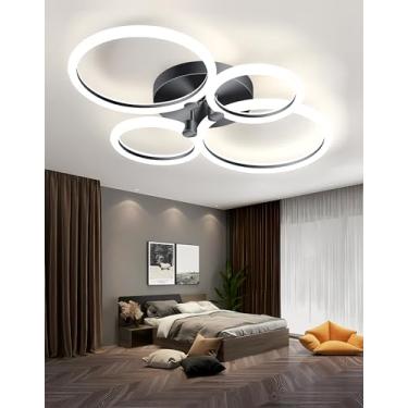 Imagem de Luminária de teto LED moderna com design de anéis, dimerizável e com controle remoto. Ideal para sala de estar, quarto, sala de jantar e escritório. Luminária de acrílico embutida para sala