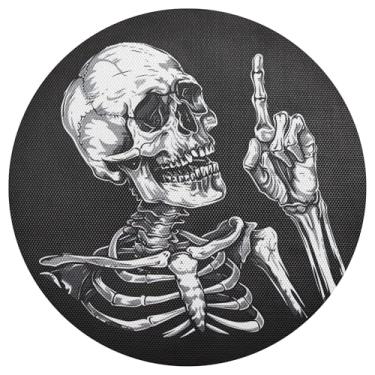 Imagem de xigua Jogo americano redondo de esqueleto engraçado de Halloween, conjunto de 1, tapete de mesa redondo antiderrapante resistente ao calor, tapetes de mesa de 48 cm para decoração de cozinha, jantar e