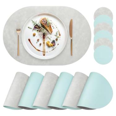 Imagem de yuuzue Jogo americano de couro sintético, conjunto de 4 com porta-copos combinando, jogo americano oval de poliuretano resistente ao calor, impermeável, limpável, lavável, jogo americano