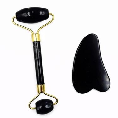 Imagem de Massageador Facial De Pedra Jade + Pedra Gua Sha Para Olhos – Kit de Massagem Facial Relaxamento E Cuidados Com A Pele Indicado Para Uso Em Casa Ou Em Rotinas Profissionais De Estética (Preto)