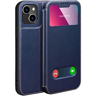 Imagem de ORKDFJ Capa de telefone de janela transparente de couro, para Apple iPhone 14 Plus capa de 6,7 polegadas 2022 Folio Kickstand Cover, pode atender chamadas rapidamente (Cor: azul)