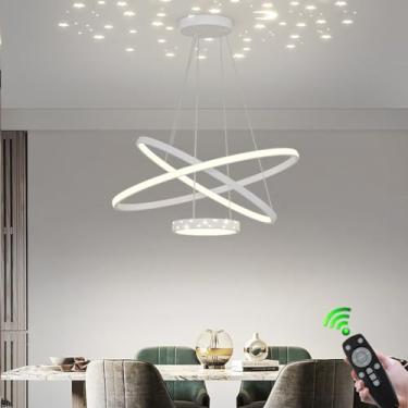 Imagem de Lustre moderno com design em anel, luminária pendente decorativa com 2 anéis de LED, dimerizável, altura ajustável, luminária criativa para ambientes internos, ideal para sala de estar, quar