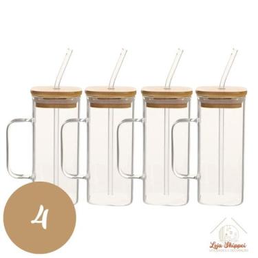 Imagem de Copo de Vidro Quadrado 350ml com Alça e Tampa Bambu e Canudo - TOP ÚTI