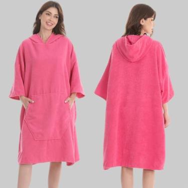 Imagem de Toalha de praia com capuz de poncho de surf, pano felpudo de secagem rápida, roupão extra grande com bolsos para adultos, saída de praia unissex rosa vermelha para natação, banho, praia, presente para