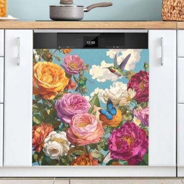 Imagem de Capa de ímã de máquina de lavar louça, padrão azul, flores de primavera, pássaros, padrão azul, cozinha, primavera, decorativo, reutilizável, capa para lava-louças, painel de armários de