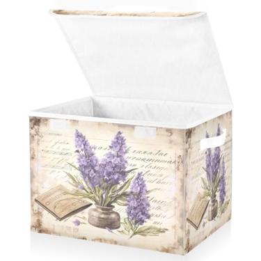Imagem de Blueangle Cestos de armazenamento vintage lavanda com tampas, 42 x 32 x 30 cm, grande cesta organizadora dobrável para decoração de escritório e armário (41)