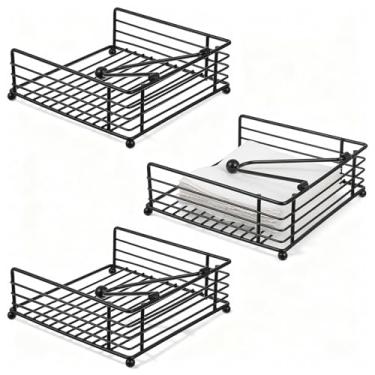 Imagem de Qianyu 3 peças porta-guardanapos para mesa e cozinha, dispensador de guardanapo preto suporte de papel de coquetel porta-guardanapos planos de metal para cozinha restaurante fazenda hotel festa