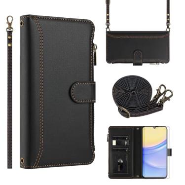 Imagem de Asuwish Capa de telefone para Samsung Galaxy A15 5G/4G Capa carteira com protetor de tela de vidro temperado alça transversal de pulso de couro flip zíper suporte para cartão de crédito celular A 15