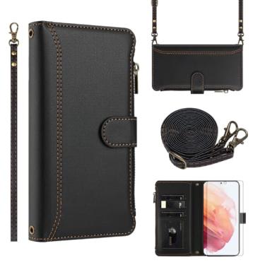Imagem de Asuwish Capa de telefone para Samsung Galaxy S21 5G 6,2 polegadas capa carteira com protetor de tela de vidro temperado alça de pulso transversal de couro flip zíper suporte para cartão de crédito