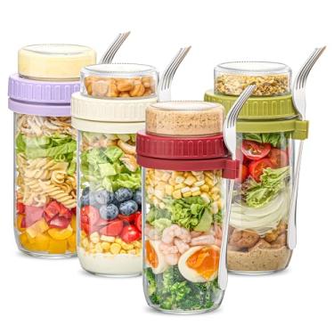 Imagem de Danmu Recipientes de vidro para preparação de refeições de 690 ml, pacote com 4 com tampa e copo de molho – Potes de salada à prova de vazamento e recipientes de aveia noturnos com tampas, garfo de