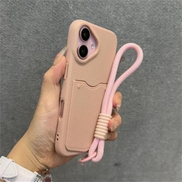 Imagem de Capa protetora estilo carteira com compartimento para cartão, alça de pulso e cordão para iPhone 16/15/14/13/12/11 Pro Max, rosa, para iPhone 13
