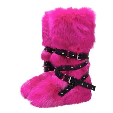 Imagem de Botas de neve femininas modernas, casuais, de salto plano, cano alto, quente, inverno, cano longo, picante, alça, plus de veludo, cabeça redonda, cano médio, Rosa choque, 15