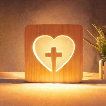 Imagem de Luz noturna cruzada, lâmpada de cabeceira de madeira com controle de interruptor, luzes pequenas de ilusão ótica de LED 3D cruzada, iluminação criativa para decoração de sala de oração, aniversário