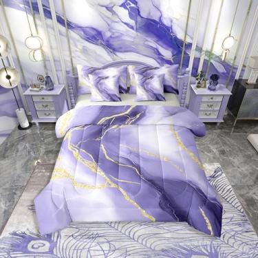 Imagem de Erosebridal Conjunto de edredom solteiro de mármore roxo com 7 peças, moderno, aquarela, estética, dourado, abstrato, metálico, conjunto de cama fluida