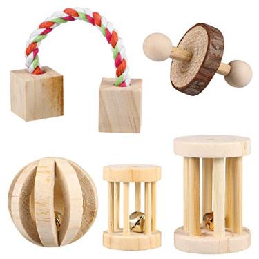 Imagem de POPETPOP 5 peças brinquedos para mastigar hamster brinquedo de madeira natural exercício sino rolo dente cuidado molar brinquedo para coelhos, ratos, gerbos e outros animais pequenos