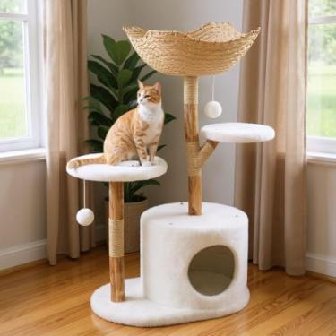 Imagem de Torre de árvore para gatos de madeira real de 109 cm de altura com cesta grande, postes arranhadores e design de galho real, bola pendurada e plataforma estendida para gatos brincarem e dormirem