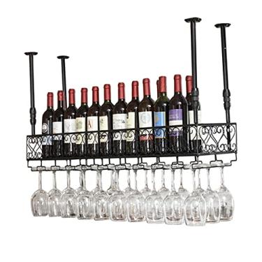 Imagem de Rack de vinho, rack de vinho pendurado, rack de garrafa de teto de metal vintage suporte de armazenamento de vinho com prateleira de vidro para barra de cozinha embaixo do armário, altura ajustável/60