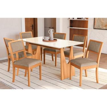 Imagem de Conjunto Mesa Mila Premium Madeira Maciça c/ Tampo Madeirado c/ Vidro 160x90cm e 6 Cadeiras Alice Carvalho/Off White - Boucle Bege Fendi Kappesberg