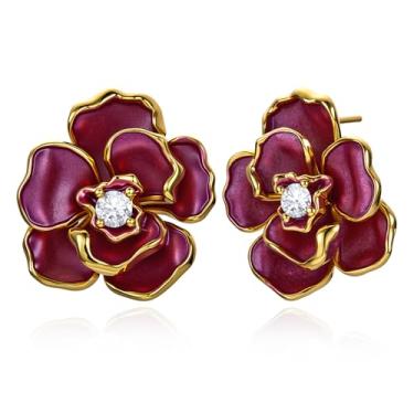Imagem de Cicy Bell Brincos de flor para mulheres modernos banhados a ouro 18 k íris esmalte zircônia cúbica primavera verão boho declaração brincos joias presentes, Latão banhado a ouro 18k, zircônia cúbica