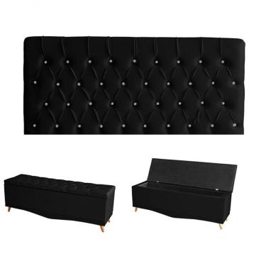 Imagem de Kit Estrela Cabeceira De Cama Painel E Calçadeira Baú Botão Cristal Casal 140 Cm Suede Preto Eli Móveis E Decoração