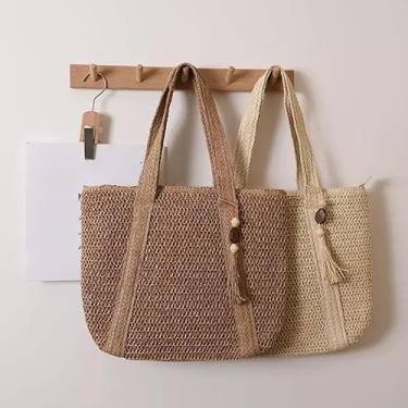 Imagem de Bolsa de Praia Feminina Tote de Palha – Estilo Descontraído com Tassel, Bolsa Praia Ideal para Viagens e Dias ao Sol (CAQUI)