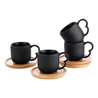 Imagem de Conjunto 4 Xícaras de Café Oásis Preto 90ml com Pires em Cerâmica Eleg