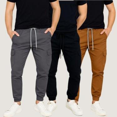 Imagem de Kit 3 Calças Cargo Jogger Masculina Cordão Streetwear Punho - Calça Jo
