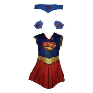 Imagem de Fantasia Infantil Roupa Super Girl Com Kit - Genérica, Azul, GG, Polié