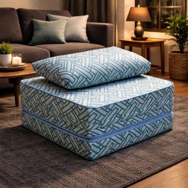 Imagem de Colchão/puff/poltrona 3 em 1 com Travesseiro Solteiro 78x190x13cm Ortobom Azul