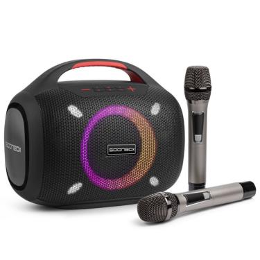 Imagem de Caixa De Som Bluetooth karaokê com 2 microfones sem fio SOONBOX Ipx5 80w Preto Bivolt 110V/220V