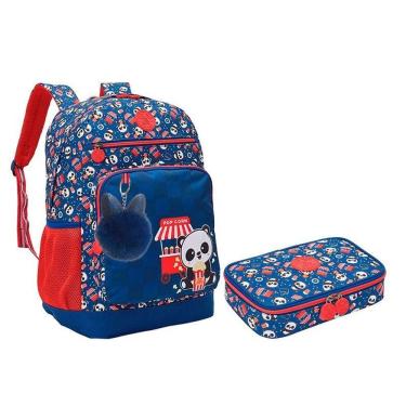 Imagem de Kit Mochila e Estojo Box Escolar Infantil Panda Pipoca Azul - Xeryus