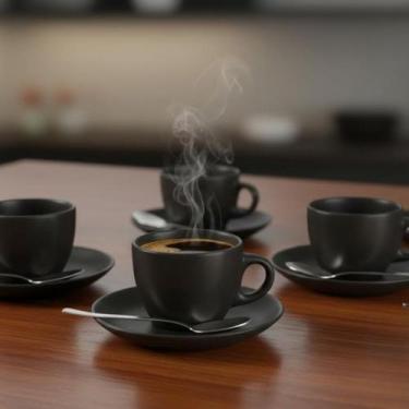 Imagem de Conjunto 6 Xicaras de Café com Pires 90ml Cerâmica Preta Moderno Elega