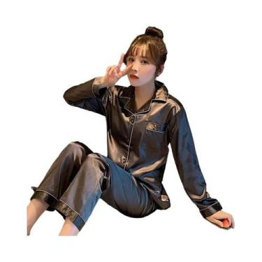 Imagem de Conjunto De Pijamas De Seda Satin plus Size Em Cor Sólida Com Botões P
