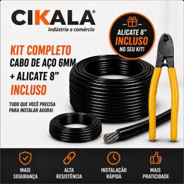 Imagem de Kit Cabo de Aço 6mm 50 Metros Revestido Preto Flexível e Alicate 8 Pol