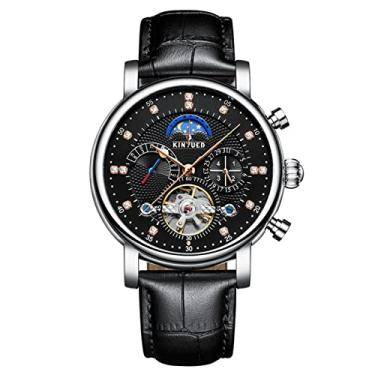 Imagem de Relógios mecânicos masculinos de luxo com esqueleto e fase da lua, relógio de pulso de couro à prova d'água, luminoso, preto
