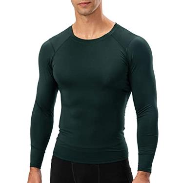 Imagem de Camisa esportiva masculina manga longa O pescoço elástico slim fitness camisetas(Small)(Verde escuro)