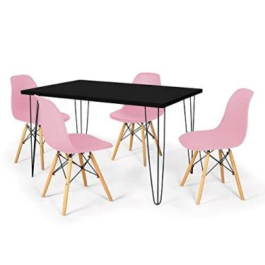 Imagem de Conjunto Mesa de Jantar Hairpin 130x80 Preta com 4 Cadeiras Eames Eiffel - Rosa