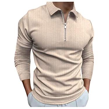 Imagem de Camisas polo masculinas moda patchwork zíper gola virada para baixo camiseta de manga comprida negócios casual tops para uso no trabalho (10-cáqui, M), 10 caqui, M