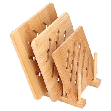 Imagem de Tapetes de mesa de bambu, tapetes quentes para bufê, pires e pratos, jogos americanos resistentes ao calor, mesa de cozinha para decoração de cozinha, tapetes quentes, bules e tigelas (quadrado)