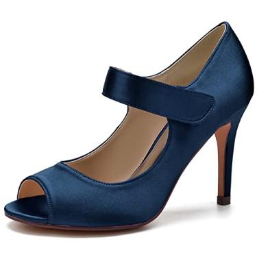 Imagem de Sapatos de noiva de cetim feminino, sapatos peep toe de salto agulha alto marfim 35-43,Dark blue,10 UK/43 EU