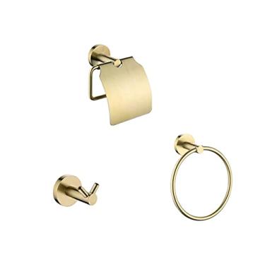 Imagem de Conjunto de ferragens de banheiro redondo em ouro escovado anel de toalha de metal cinza cabide de roupão gancho de escova de toalete suporte de papel de banheiro acessórios, conjunto de 3 peças de ouro