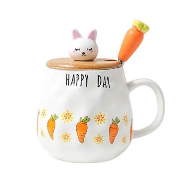 Imagem de Caneca de gato com tampa e colher 3D linda xícara de chá de café de cerâmica conjunto de caneca de casal presente de aniversário para professores, mães, amigas, amantes, (cenoura happy day, 400 ml)